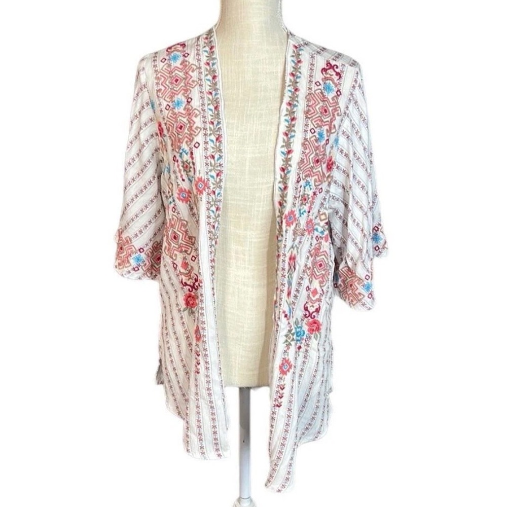 Savanna Jane Kimono Womens S/M White Embroidered Boho Tribal Open Front Cardigan